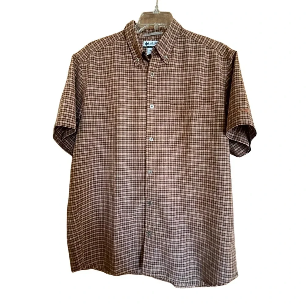 Columbia Mens Plaid Short Sleeve‎ Button Down Shirt Brown Tan Size Large L